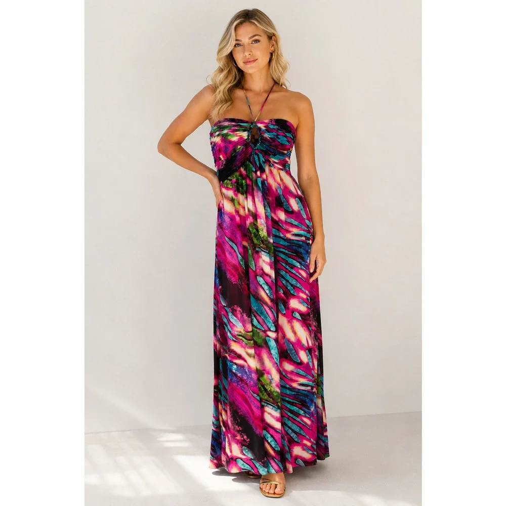 Betsy & Adam Maxi Dress Size 8 Pink Abstract Print Jeweled Empire Waist Formal